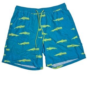Men's XL Swim Trunks Blue Crocodile Print Elastic Waist Beach Pool Shorts